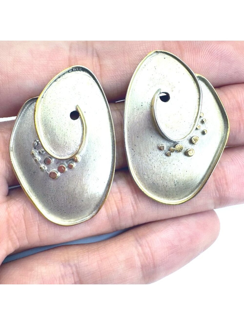 Spiral Stud Earrings Two Tone Sterling Silver 925 Size 1.5" Length